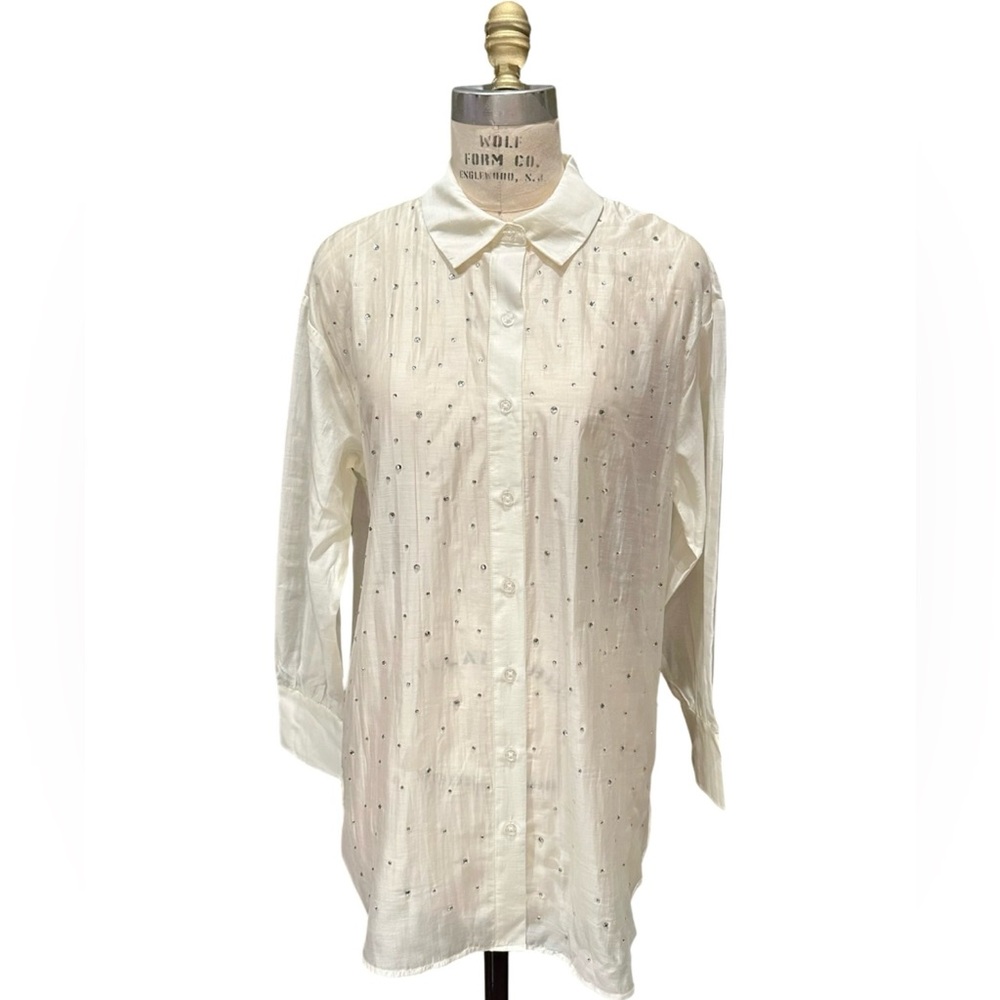 NWOT Bailey 44 Rhinestone Crystal Blouse Ivory Shirt Size M Embellished